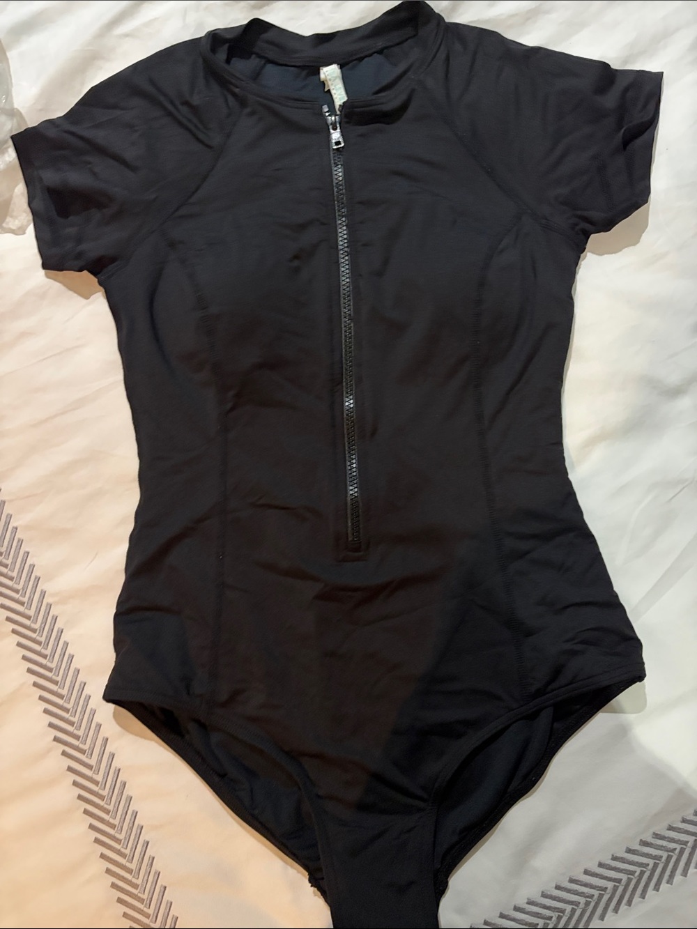 Women’s Black Short-Sleeve Zip Front One-Piece Swimsuit
